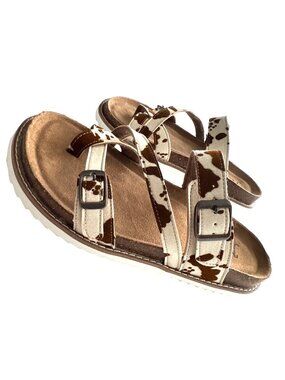 Natural Reflections Siena Cow Print Sandals Adjustable Buckles White Sole Size 8